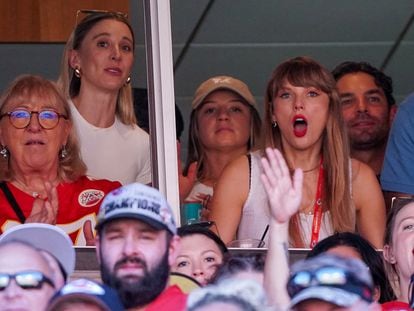 Taylor Swift reacts while watching the Kansas City Chiefs vs Chicago Bears game during the first half at GEHA Field at Arrowhead Stadium.