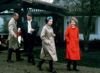 Queen Elizabeth II and her husband, Prince Philip, visit the ranch belonging to President Ronald Reagan and First Lady Nancy Reagan in Santa Barbara, California, in March of 1983.