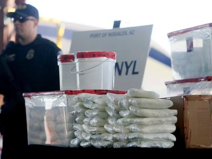 A display of the fentanyl and meth that was seized by U.S. Customs and Border Protection officers at the Nogales Port of Entry is shown during a press conference, Jan. 31, 2019, in Nogales, Ariz.