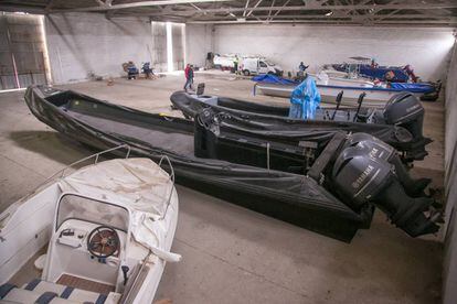 Impounded drug boats inside a warehouse in Cádiz.