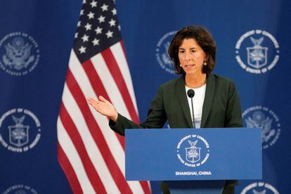 U.S. Secretary of Commerce Gina Raimondo attends a press conference at the Boeing Shanghai Aviation Services, in Shanghai, China August 30, 2023.