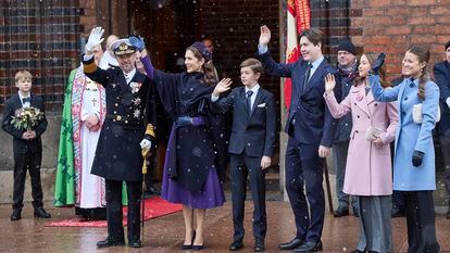 From second left, Denmark's King Frederik X, Queen Mary, Prince Vincent, Crown Prince Christian, Princess Isabella and Princess Josephine and  greet the crowd after a service on the occasion of the change of throne in Denmark, in Aarhus Cathedral, Aarhus, Denmark, Sunday Jan. 21, 2024.