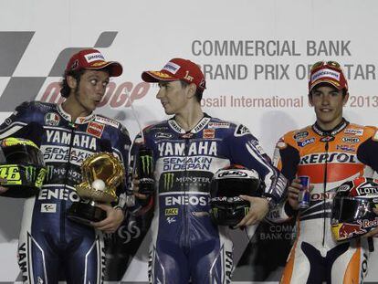Valentino Rossi, Jorge Lorenzo and Marc M&aacute;rquez (l to r) on the podium at the Qatar MotoGP.