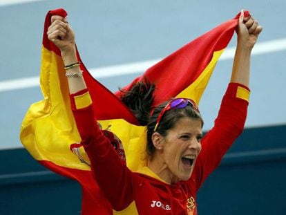 Ruth Beitia celebrates after winning bronze in Moscow.