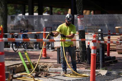 A construction worker in Boston, Massachusetts, in 2022.