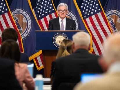 Federal Reserve Board Chair Jerome Powell speaks during a news conference at the Federal Reserve in Washington, DC, on May 3, 2023.
