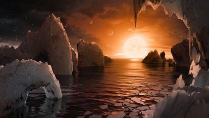 Recreation of the surface of the exoplanet Trappist-1f, located in the Aquarius constellation.