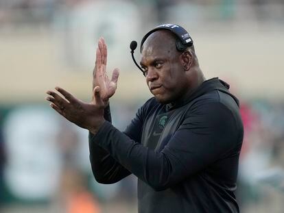 Michigan State head coach Mel Tucker signals from the sideline during the first half of an NCAA college football game against Central Michigan, Friday, Sept. 1, 2023, in East Lansing, Mich.