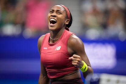 Coco Gauff, of the United States, reacts during a match against Aryna Sabalenka, of Belarus, during the women's singles final of the U.S. Open tennis championships, on Sept. 9, 2023.