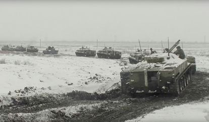 Russian military vehicles on manoeuvres in the region of Rostov on January 26, in an image supplied by the Russian Defense Ministry.