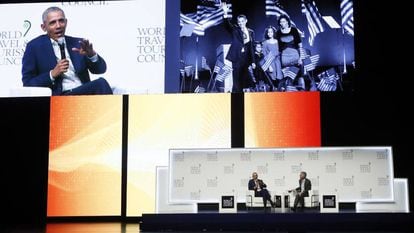 Former US president Barack Obama speaking at the WTTC summit in Seville.