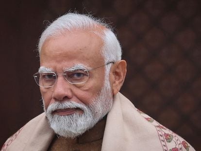 India's Prime Minister Narendra Modi looks on after speaking with media inside the parliament premises upon his arrival on the first day of the budget session in New Delhi, India, January 31, 2024.