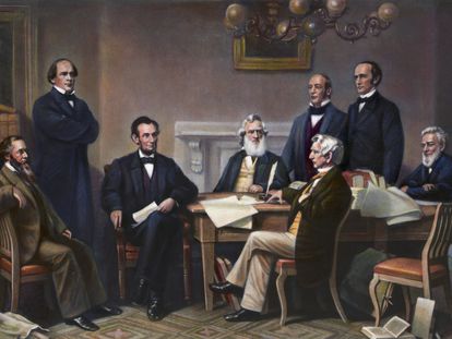 Abraham Lincoln reading the Emancipation Proclamation before his cabinet. From an engraving by Alexander Hay Ritchie after a painting by Francis Carpenter.