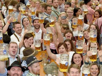 People celebrate Oktoberfest in Munich on September 13.