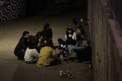 People drinking in the street in Barcelona's Raval neighborhood on May 14. 