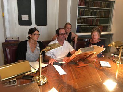The Getty Research Institute's Florentine Codex team at the Royal Academy of History in Madrid. From left, Rebecca Dufendach, Kevin Terraciano, Kim Richter and Lisa Sousa; 2018.