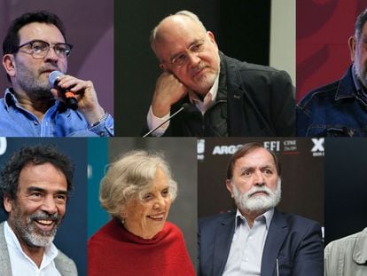 Left to right: Antonio Helguera, Lorenzo Meyer, Pedro Miguel, Damián Alcázar, Elena Poniatowska, Epigmenio Ibarra
and Rafael Barajas, aka  El Fisgón.