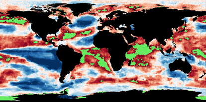 A map showing the marine areas where temperature increases are highest (green) and lowest (blue).