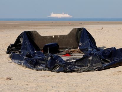 A boat on the beach of Gravelines, near Calais, France, from where tens of thousands of migrants leave to reach the United Kingdom.