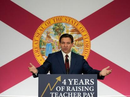 Florida Governor Ron DeSantis speaks during a news conference to sign several bills related to public education and increases in teacher pay, in Miami, Tuesday, May 9, 2023.