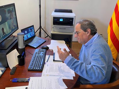 Catalan premier Quim Torra during a videoconference call on Friday.
