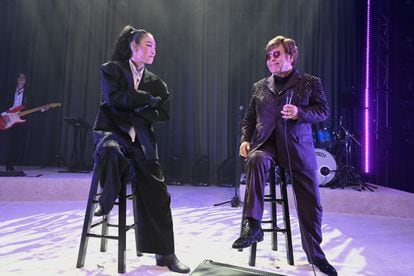 Rina Sawayama and Elton John perform during the Elton John AIDS Foundation's benefit gala on March 12, 2023, in West Hollywood, California.