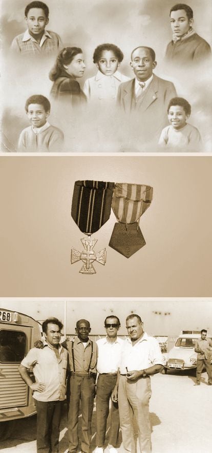 Top: family collage with photos of Cristina Sáez, José Epita and their children José, Francisco, Andrés, Rafael and Esperanza; center: José Epita’s medals for his participation in the French Resistance; bottom: José Epita with three friends in Los Alcázares in August 1969, shortly before his death. FAMILY ARCHIVE