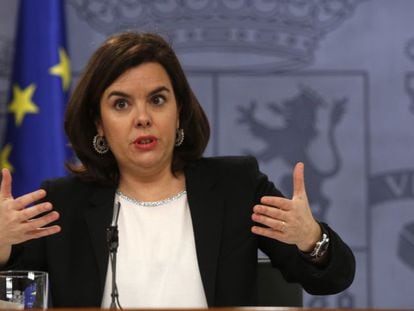 Deputy Prime Minister Soraya Sáenz de Santamaría speaks to the press on Friday.