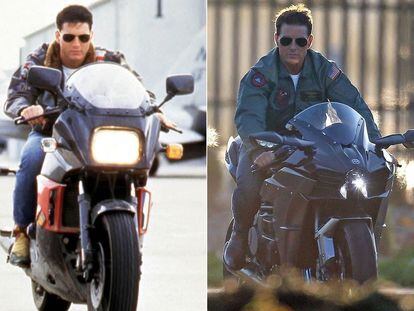 On the left, Tom Cruise in the original version of 'Top Gun' (1986). The actor reprised the role 32 years later in 'Maverick.'