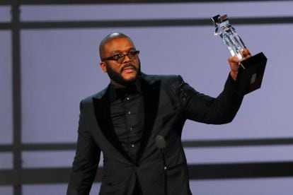 Tyler Perry collecting the Ultimate Icon Award at the BET Awards July 2019 gala in Los Angeles, California.