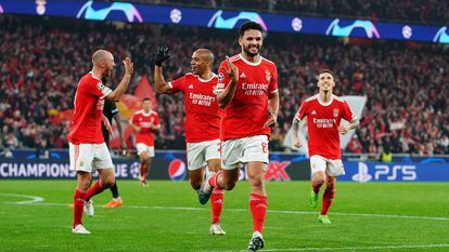 Goncalo Ramos of SL Benfica celebrates after scoring the team's second goal during the UEFA Champions League round of 16 leg two match between SL Benfica and Club Brugge KV at Estadio do Sport Lisboa e Benfica on March 07, 2023 in Lisbon, Portugal.