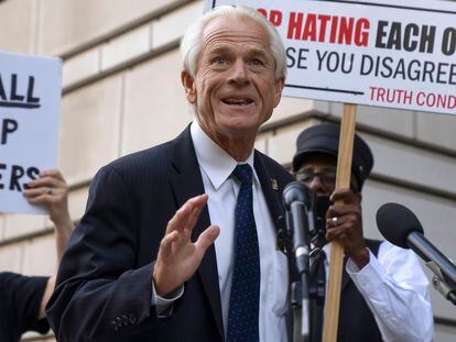 Former White House trade adviser Peter Navarro speaks to the media as he departs federal court, Tuesday, Sept. 5, 2023, in Washington