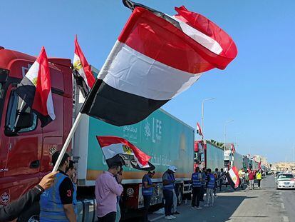 People with Egyptian flags cheer next to a convoy of trucks carrying humanitarian aid to Palestinians by Egyptian NGOs.