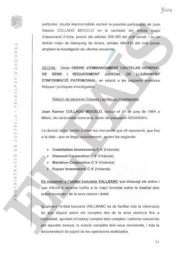 A page from the court document ordering a freeze on assets held in Andorra by Collado and companies under his control.