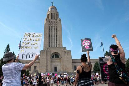 Protesters line the street during an Abortion Rights Rally held on July 4, 2022.