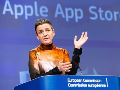 EU Commission vice president Margrethe Vestager addresses the media on Apple Music streaming services at EU headquarters in Brussels, Monday, March 4, 2024.