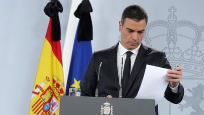 Prime Minister Sánchez during today's press conference.