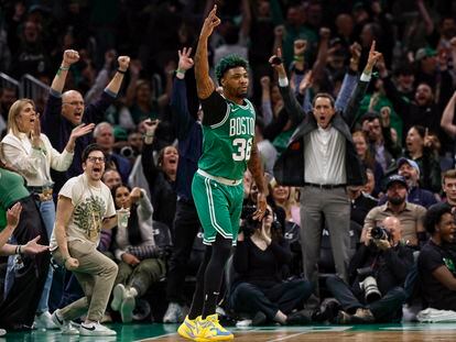 Crowd cheers after Boston Celtics guard Marcus Smart (36) made a three point basket during the first quarter of game five of the Eastern Conference Finals against the Miami Heat in the 2023 NBA playoffs.
