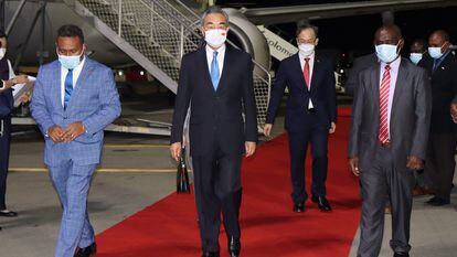 Chinese Foreign Minister Wang Yi upon his arrival in Honiara, the capital of the Solomon Islands on Wednesday.