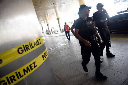Security officials patrol outside Ataturk Airport in Istanbul on Wednesday.