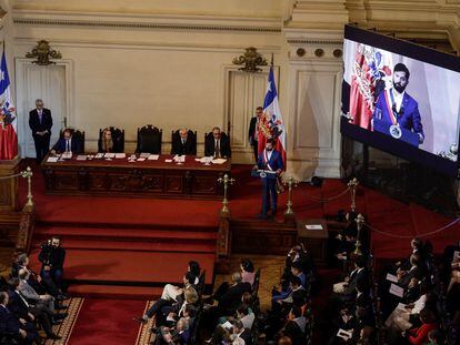 Chile’s President Gabriel Boric receives a second Constitution draft by the Constitutional Council after the first one was rejected by voters in 2022, in Santiago, Chile November 7, 2023.