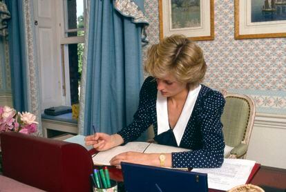 Diana of Wales in the office of her residence at Kensington Palace, in London, in a file image.