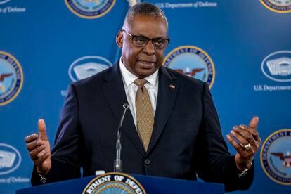 Secretary of Defense Lloyd Austin speaks during a briefing at the Pentagon in Washington, on March 15, 2023.