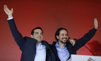 Podemos leader Pablo Iglesias (right) was with Alexis Tsipras at Syriza's closing campaign rally.