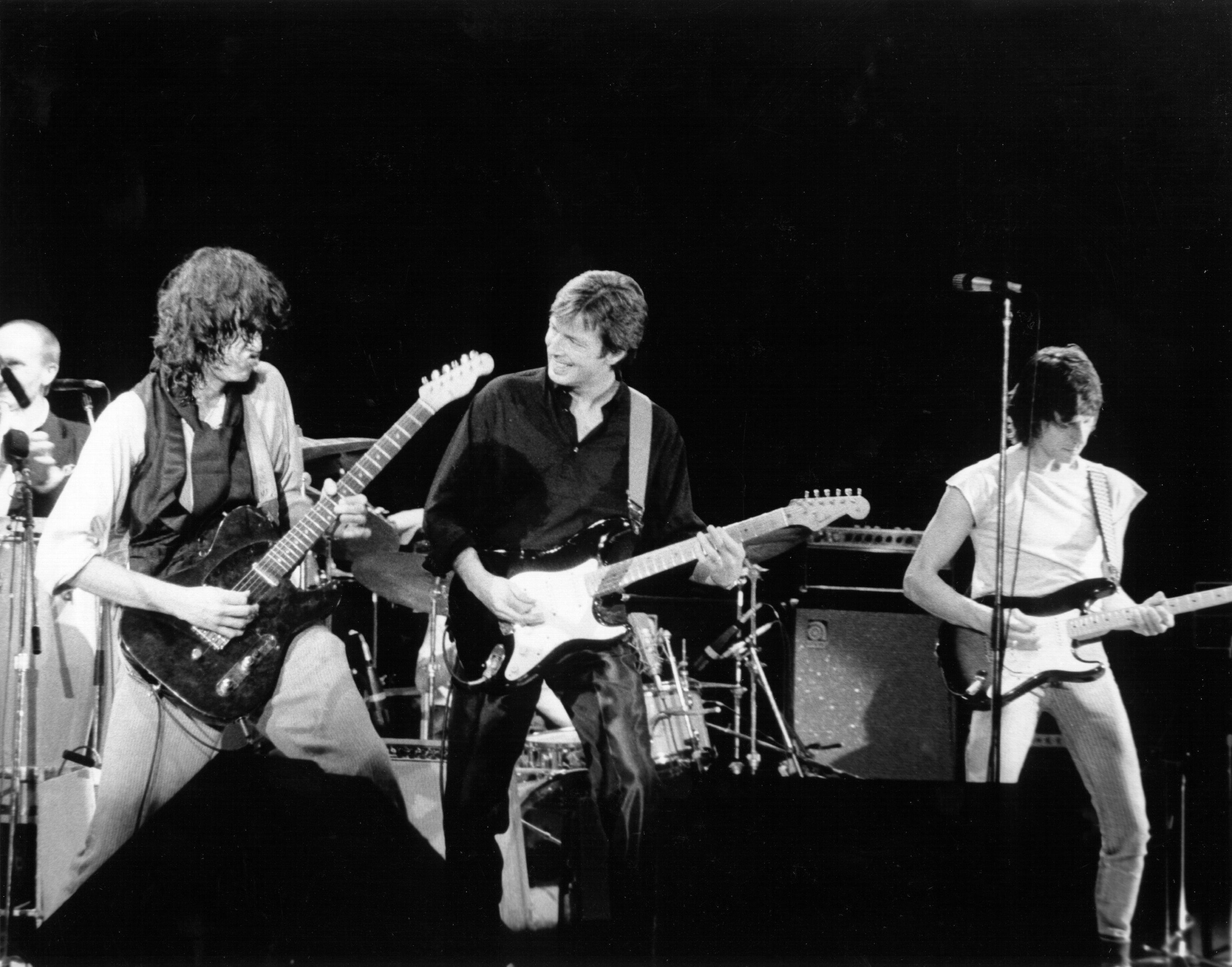 The guitarists Eric Claption, Jeff Beck and Jimmy Page give a concert in Royal Albert Hall in London, in 1983.
