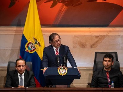 Colombian President Gustavo Petro gives a speech during the opening of the 2023-2024 session of Congress, in Bogotá, on July 20, 2023.