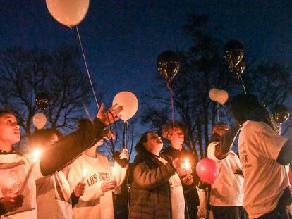 Attendees release balloons during a candlelight vigil for Clarence Wilkerson at Ashland Central Park in Ashland, Kentucky, on March 7, 2023.