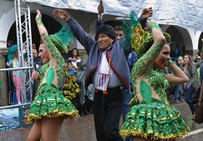Evo Morales dances during carnival festivities in Oruro.