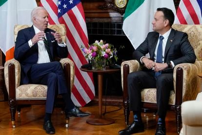 President Joe Biden meets with Ireland's Taoiseach Leo Varadkar at Farmleigh House, on April 13, 2023, in Dublin, Ireland.