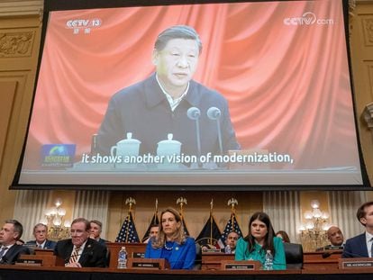 Members of the House Select Committee on the Chinese Communist Party watch an introduction video about Chinese leadership during a hearing in Washington, US, February 28, 2023.
